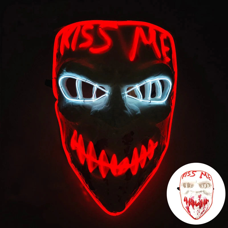 Artigos para Festa de Halloween 2026: Máscara LED Luminosa Estilo "Uma Noite de Crime" (Purge) com Luz Neon EL Sem Fio – Máscara de Rosto Inteiro para Cosplay Adulto (Brilha no Escuro)