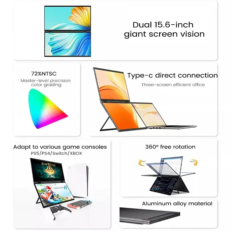 2025 15.6 Dual Screen 1920*1080P 60Hz Touch/Non-Touch Portable Monitor IPS Low Blue Light Eye Protection 360° Folding Drive-free
