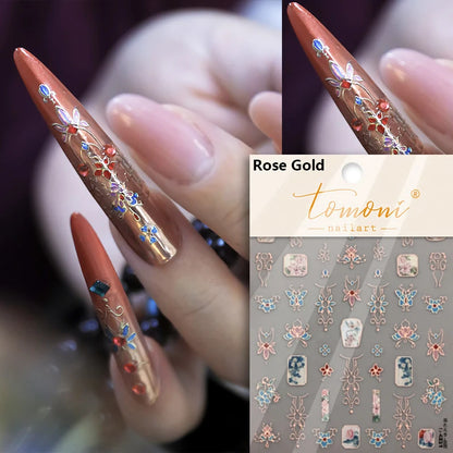 Flash Dreamy Chinese Flower Window Butterfly Glazed Rococo Geometric Frame Stamp Embossed Relief Nail Art Sticker Manicure Decal