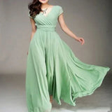 2026 Women's V Neck Short Sleeve Evening Party Dress Temperament Solid Colour Long Cocktail Chiffon High Waist Summer Dresses