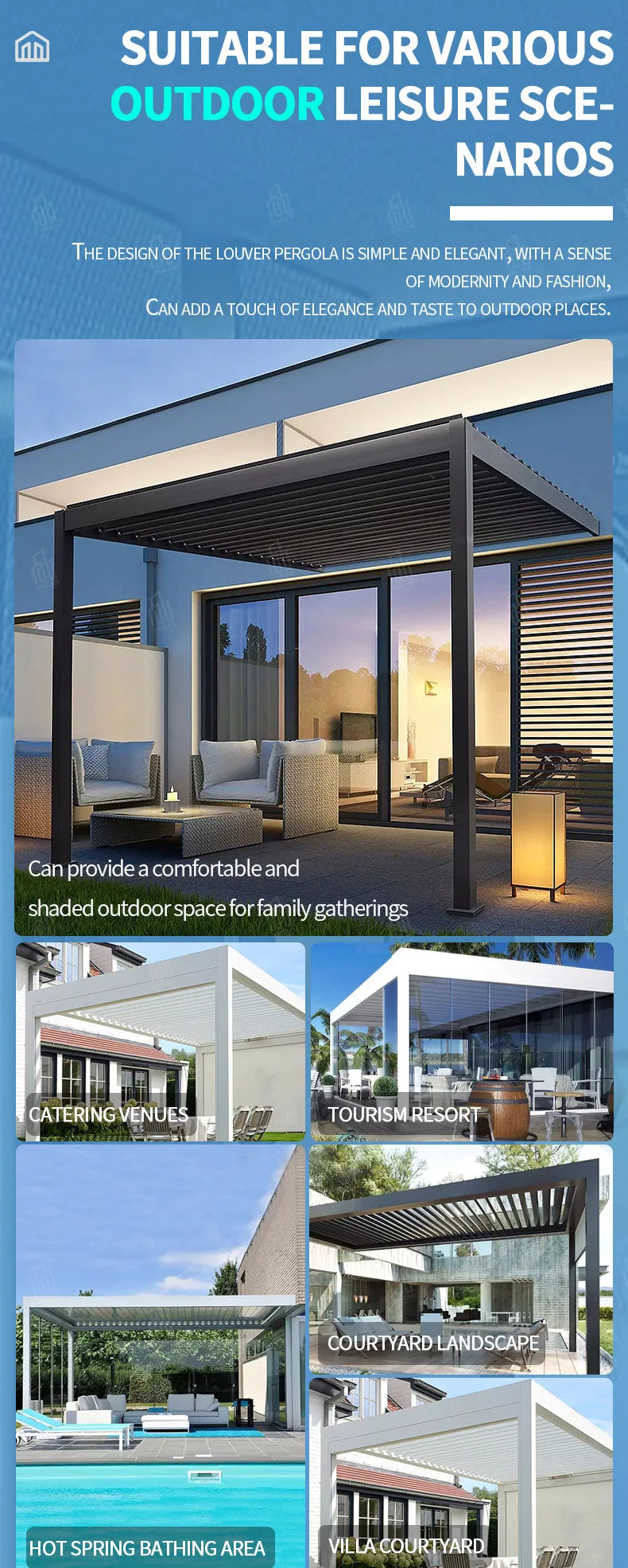 Sistema de toldo de techo de pérgola de vidrio retráctil de aluminio con apertura motorizada y cubierta eléctrica ajustable para terraza. Techo de pérgola para exteriores.