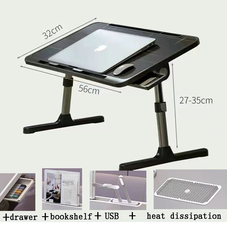 Lift Foldable Laptop Table for Bed Stand Lap Lazy Learning Desk Student Computer Desk for Working Read with Radiator Drawer