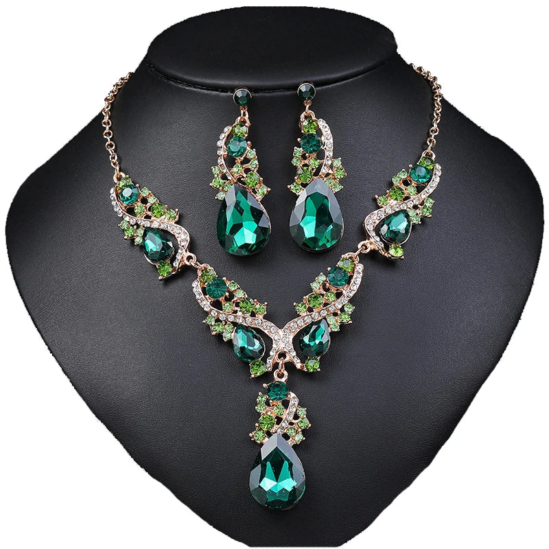 Gorgeous Crystal Jewelry Sets for Women Luxury Choker Necklace Earrings Set Wedding Dress Bridal Costume Necklace Accessories