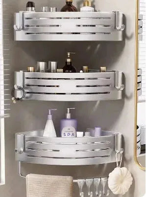 No Drill Bathroom Corner Shelf Wall Mounted Shower Corner Shelves with Hook Towel Bar Space Aluminum Bathroom Organizer Rack