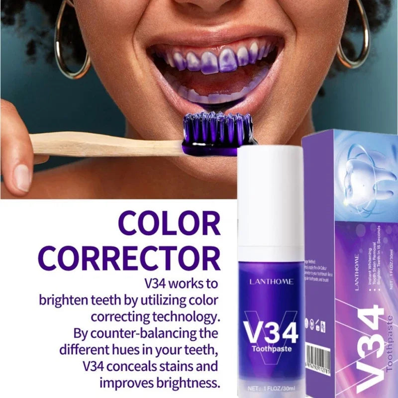 Pasta dental blanqueadora morada V34 de 30 ml. Elimina manchas, reduce el amarilleo y cuida tus dientes, encías, aliento fresco y blanquea los dientes.