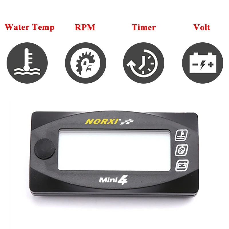 Motorcycles water temperature VoltageTime RPM Tachometer Norxi  Mini 4 in 1 LED Digital Display Quad meter