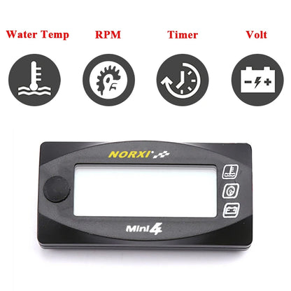 Motorcycles water temperature VoltageTime RPM Tachometer Norxi  Mini 4 in 1 LED Digital Display Quad meter