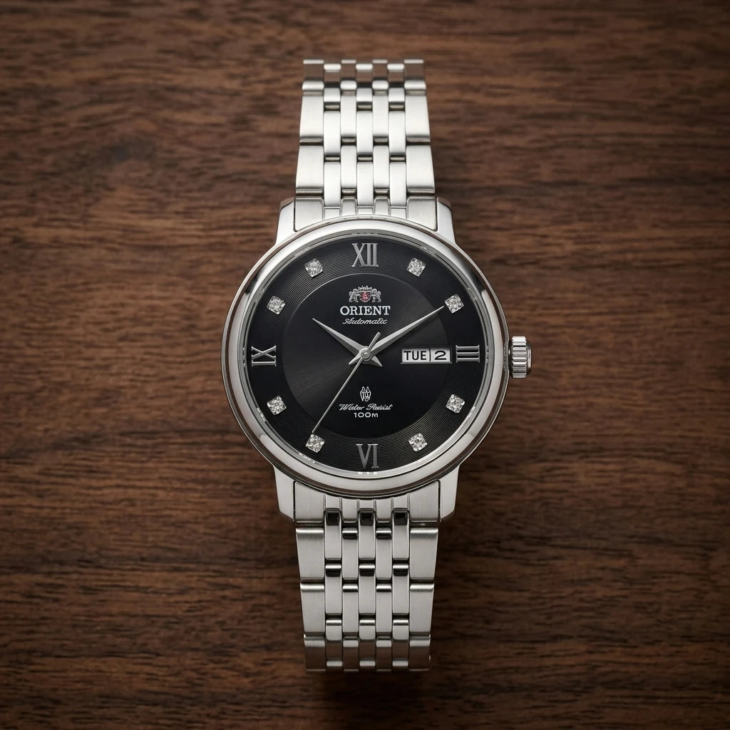 Relógio feminino automático bicolor calendário duplo em aço inoxidável