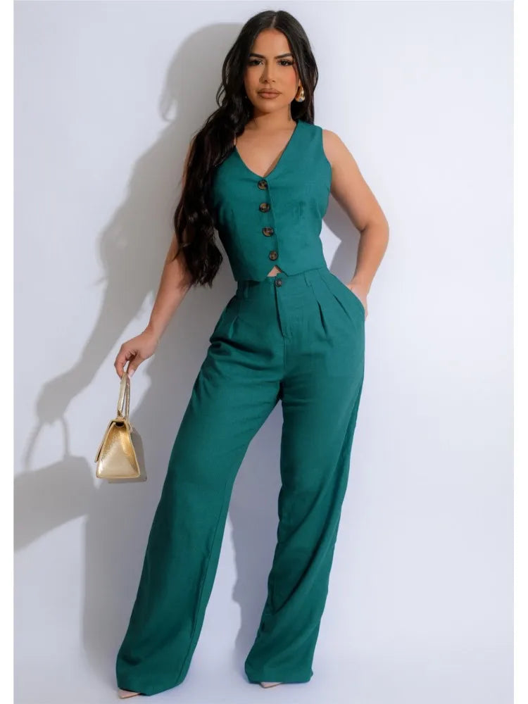 Fashion Sleeveless Vest Pants Women's Solid Color Suit Spring Summer V-Neck Ultra Short Top + Slim Pants Female Office 2 Piece Set