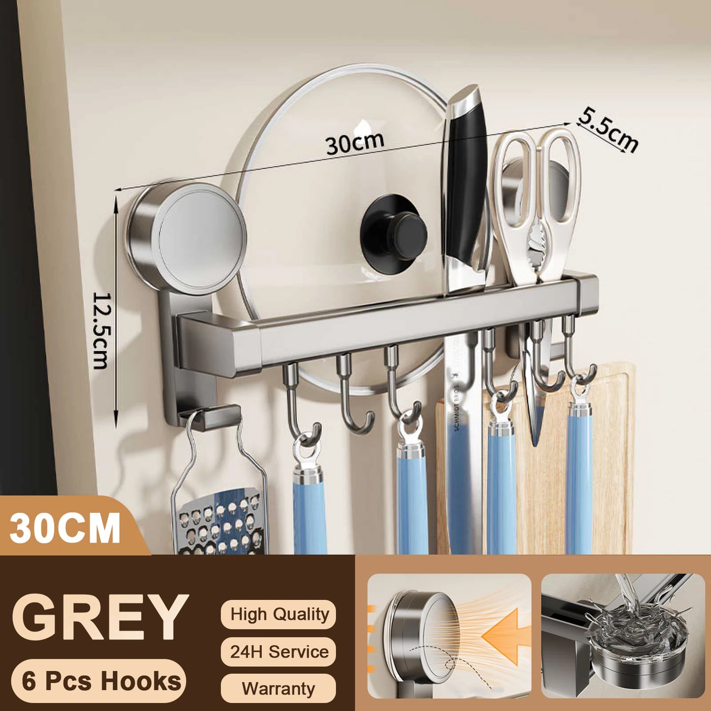 Perchero de cocina de pared con ganchos, sin necesidad de perforar, para colgar utensilios de cocina, cucharas, palas y tablas de cortar.