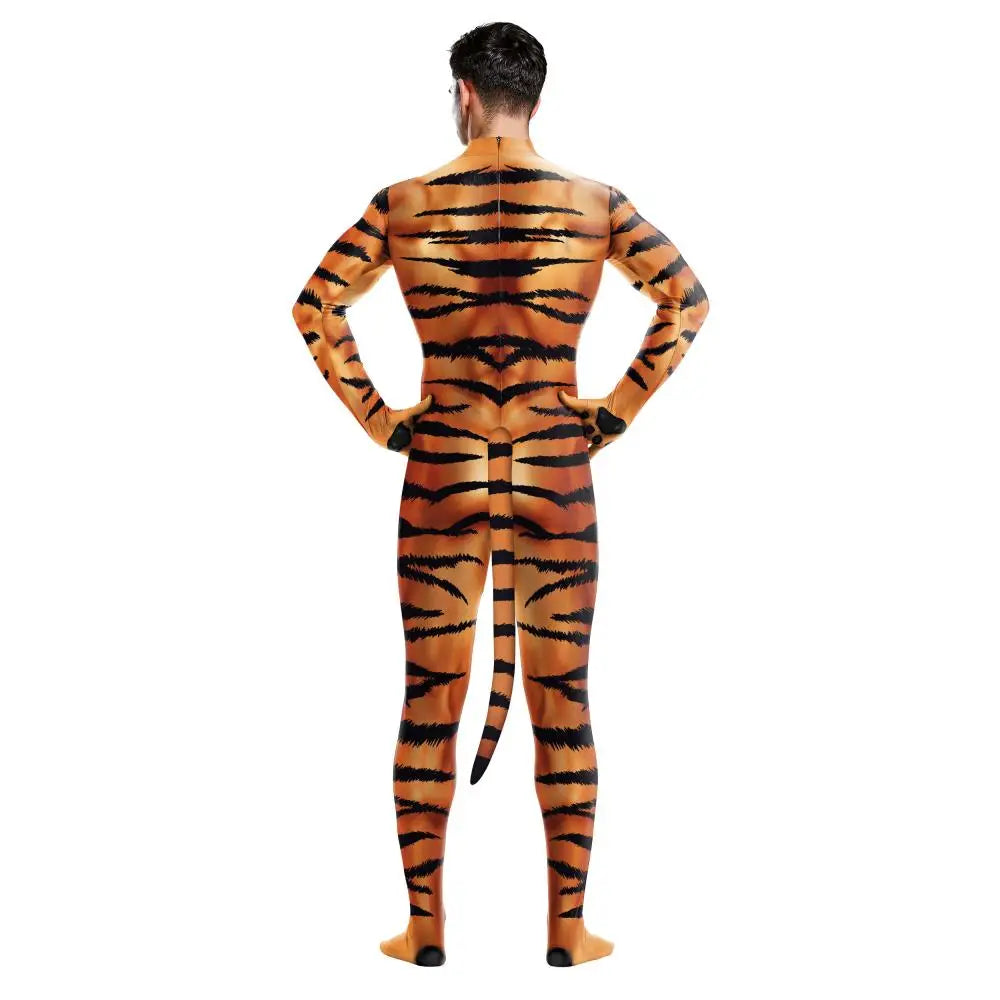 Zawaland Tiger Leopard Cheetah Petsuit for Men Animal Disguise Costume Crotch Zipper Zentai Halloween Carnival Full Bodysuits