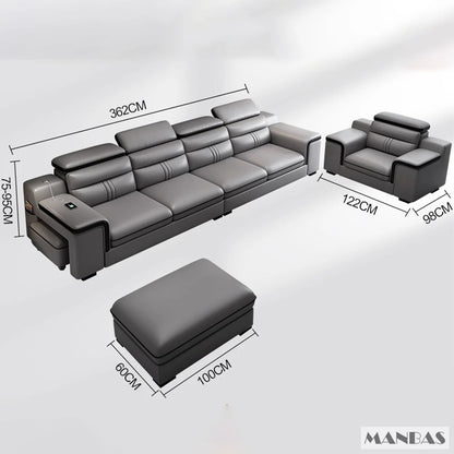 MINGDIBAO Leather Sectional Sofa Set with Cup Holder, USB, Adjustable Headrests & Bluetooth Speaker Living Room Couch with Stool