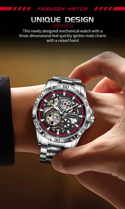 GLENAW Steampunk Skeleton - Reloj para hombre, anillo, relojes mecánicos automáticos de lujo, luminosos, resistentes al agua, correa de acero inoxidable