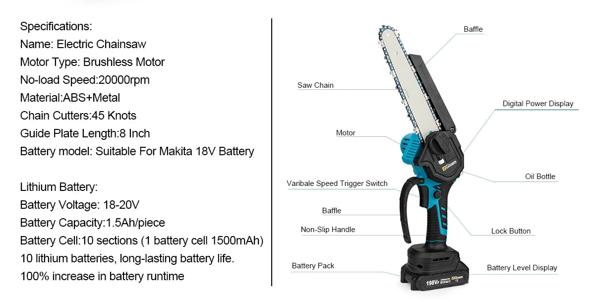 Gisam 8 Inch Brushless Chain Saw Cordless Electric Saw Woodworking Garden Pruning Chainsaw Power Tool For Makita 18V Battery Pin