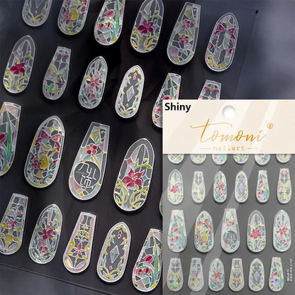 Flash Dreamy Chinese Flower Window Butterfly Glazed Rococo Geometric Frame Stamp Embossed Relief Nail Art Sticker Manicure Decal