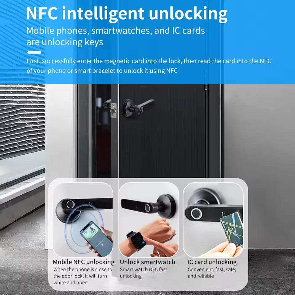 Tuya App Bluetooth Smart Fingerprint Door Lock Password Mechanical Key NFC Unlocking For Wooden Door Handle Lock IP54 Rainproof