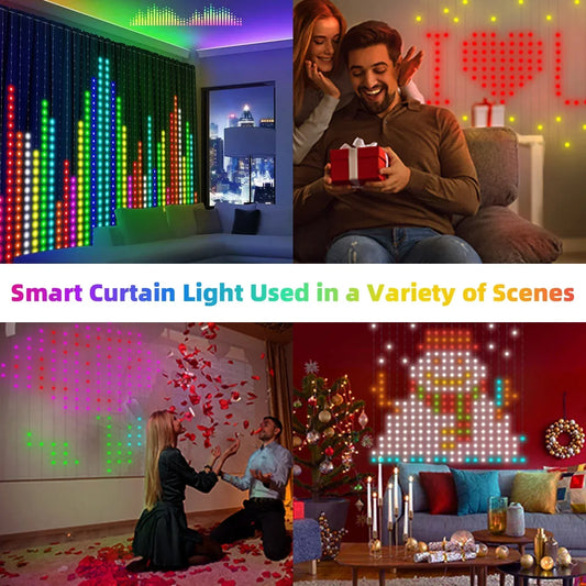 Cortina de luces inteligentes de 400 LED con Bluetooth y aplicación, cadena de luces LED RGB, luces de hadas DIY con cambio de música para decoración de ventanas y dormitorios.