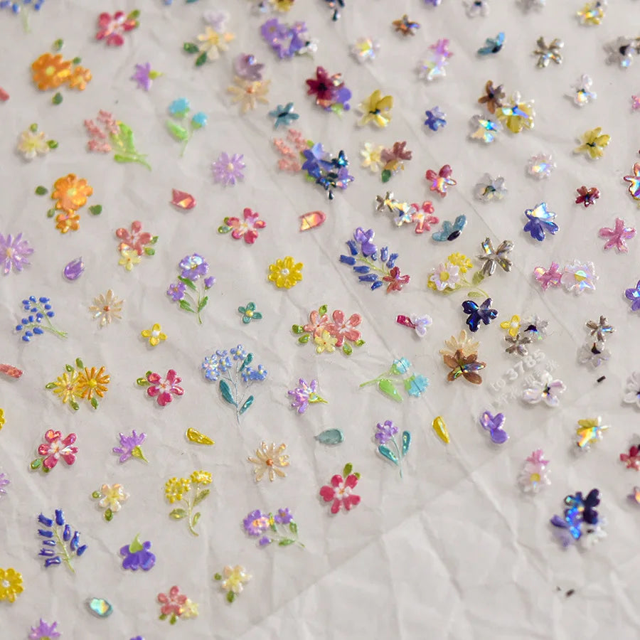 Colorful Sparkling Glass Fragment Spring Wildflowers High Quality Adhesive Flash Nail Stickers Art Decorations Design T-3784