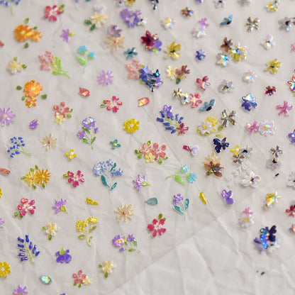 Colorful Sparkling Glass Fragment Spring Wildflowers High Quality Adhesive Flash Nail Stickers Art Decorations Design T-3784