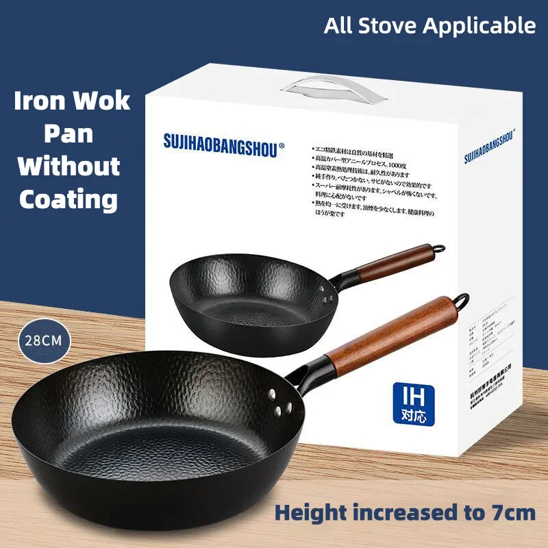 Non-stick 28cm Frying Wok Pan Iron Pan Uncoated Steak Cooking Pot Pancake Pan Handmade Cast Gas Stove Induction Kitchen Cookware