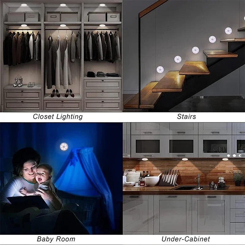 Kit com 2 a 6 unidades de Luz Noturna LED com Sensor de Movimento, Recarregável via USB, 3 Cores de Luz – Ideal para Armários, Guarda-roupas, Escadas e Closets (Sem Fio)