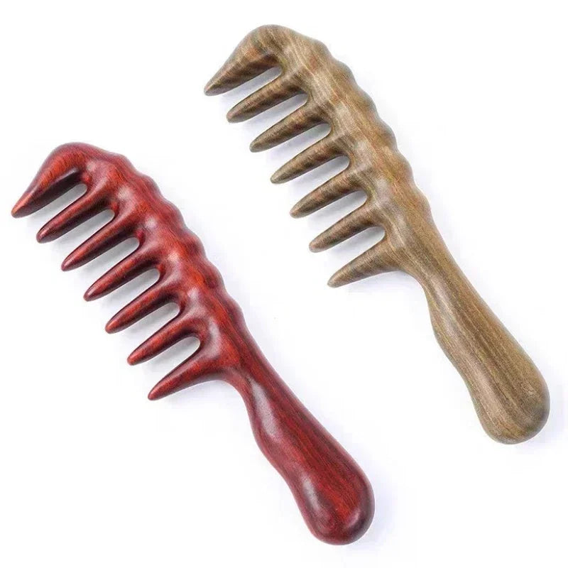 Peine de madera de sándalo verde natural hecho a mano para cabello rizado con dientes anchos, cepillo de masaje desenredante de madera antiestático para mujeres.