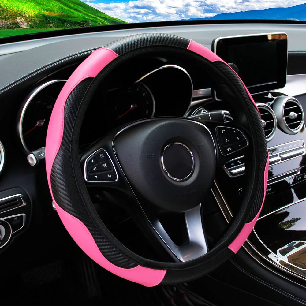 PU Carbon Fiber Leather Car Steering Wheel Cover without Inner Ring Suitable for 14.5-15 Inches Auto Supplies