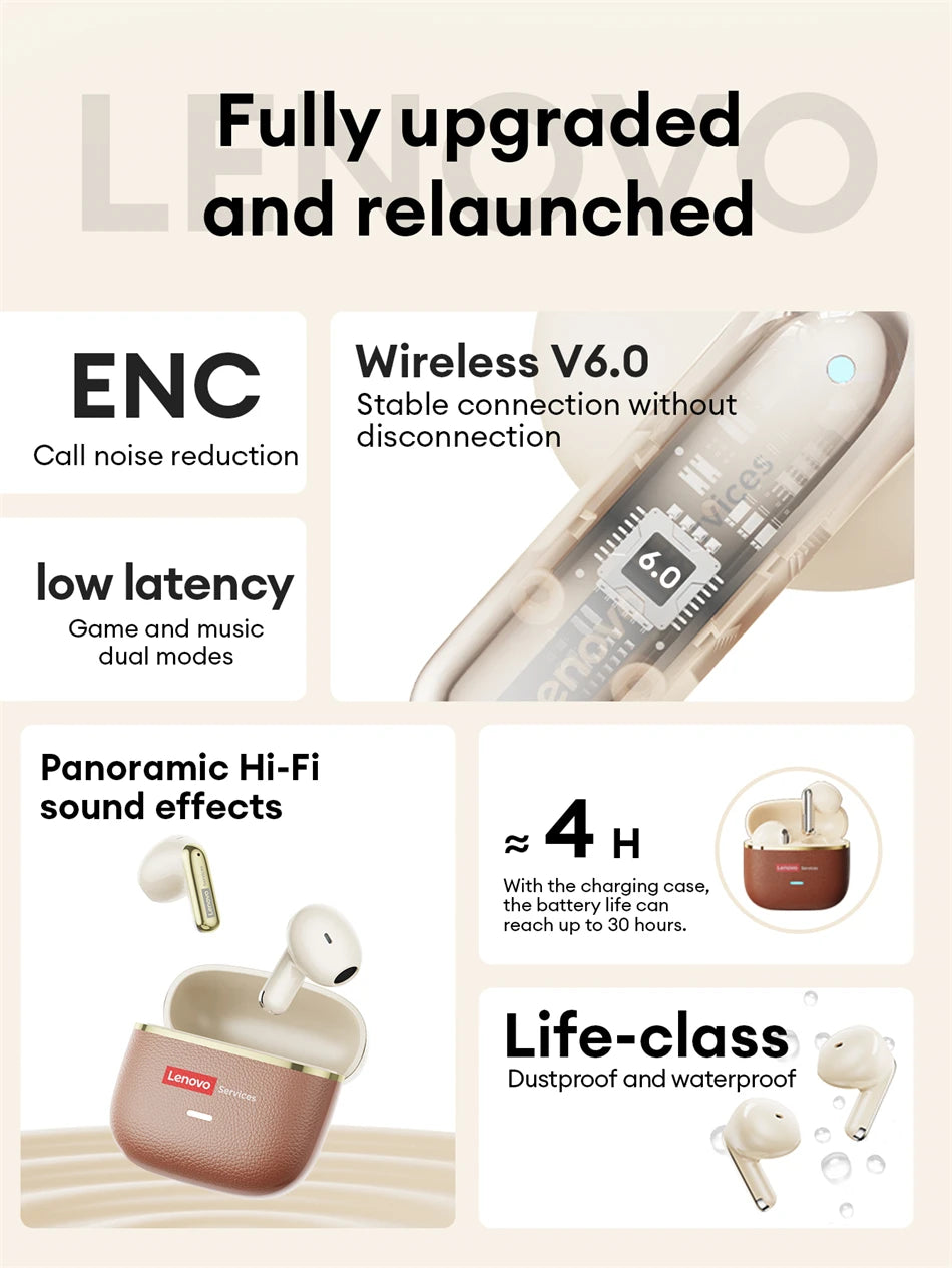 Original Lenovo LE230 New Bluetooth Earphones Wireless Headset TWS Touch Control Earbuds Hifi Headphone Waterproof Mic Earbuds