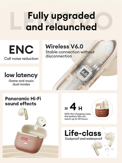 Original Lenovo LE230 New Bluetooth Earphones Wireless Headset TWS Touch Control Earbuds Hifi Headphone Waterproof Mic Earbuds