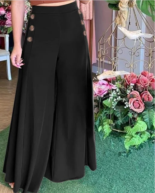 Pantalones anchos, elásticos, de cintura alta, para mujer, estilo urbano, con botones, versátiles, nueva moda, primavera 2022