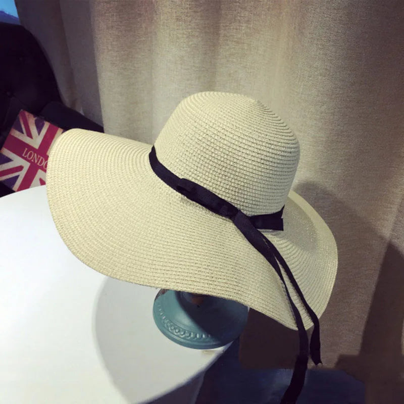 Summer Women's Straw Hat Bowknot Wide Brim Floppy Panama Hats Female Lady Outdoor Foldable Beach Sun Cap