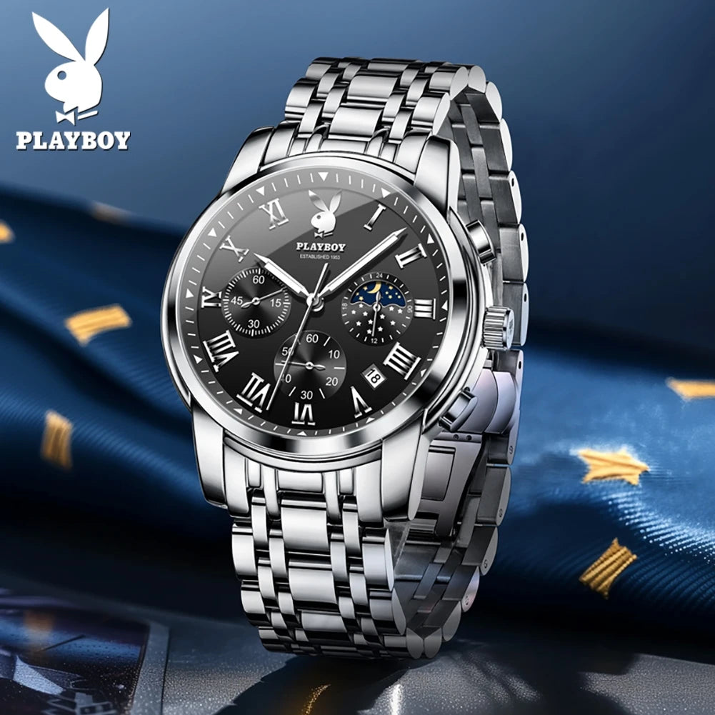 PLAYBOY Best Selling Fashion Luxury Quartz Watch for Men Original Stainless Steel Multifunction Waterproof Men's Wrist Watches