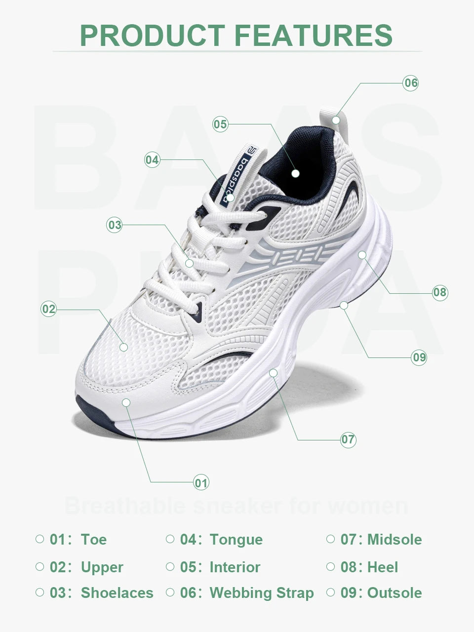 Baasploa Women Running Shoes 35-42 Fashion Lightweight Mesh Breathable Sport Shoes Comfort Soft Female Outdoor Casual Sneakers