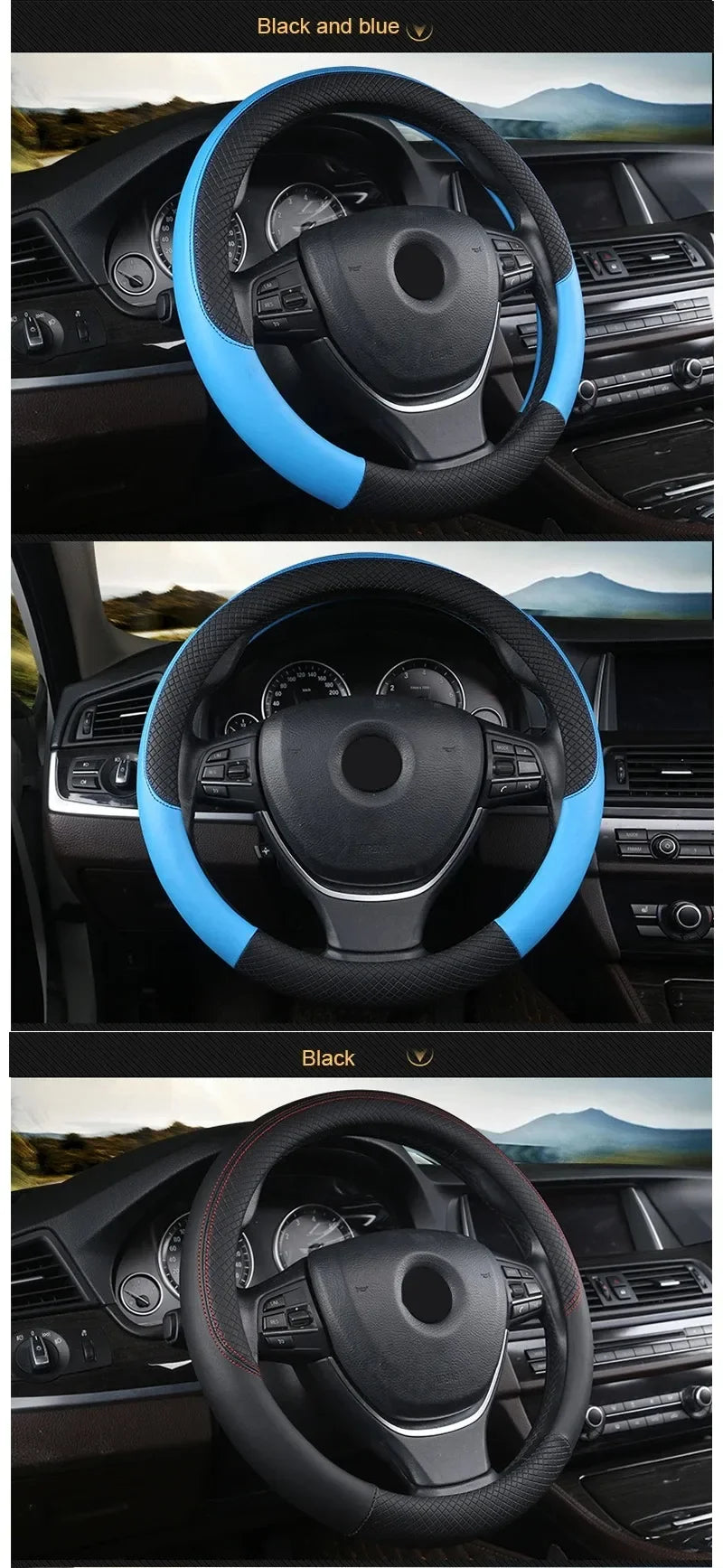 38cm Steering Wheel Cover PU Leather Anti Slip Steer Wheel Protector Breathable Fiber Braid Universal Steering Cover