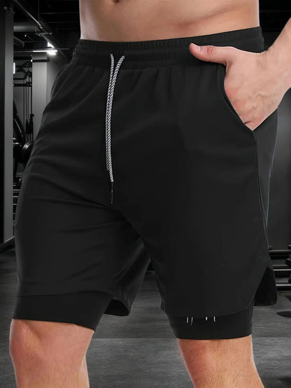 Men's 2-in-1 Fitness Training Sports Running Shorts Double Layer with Pocket Quick Dry Breathable Adjustable Drawstring Belt