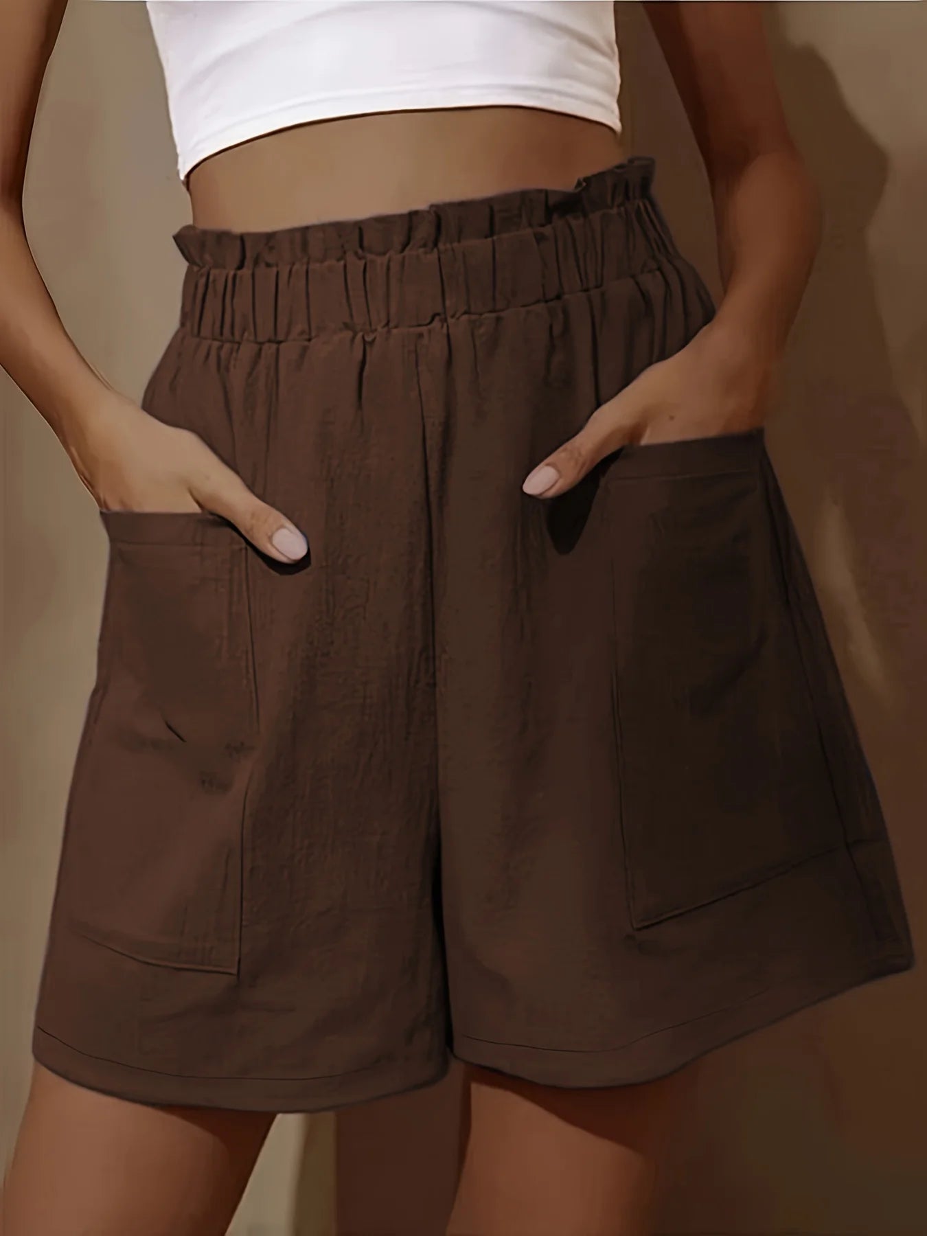 Plus Size Solid PaperBag Waist Pocket Shorts Casual Loose Pants For Spring & Summer Women's Plus Size Clothing