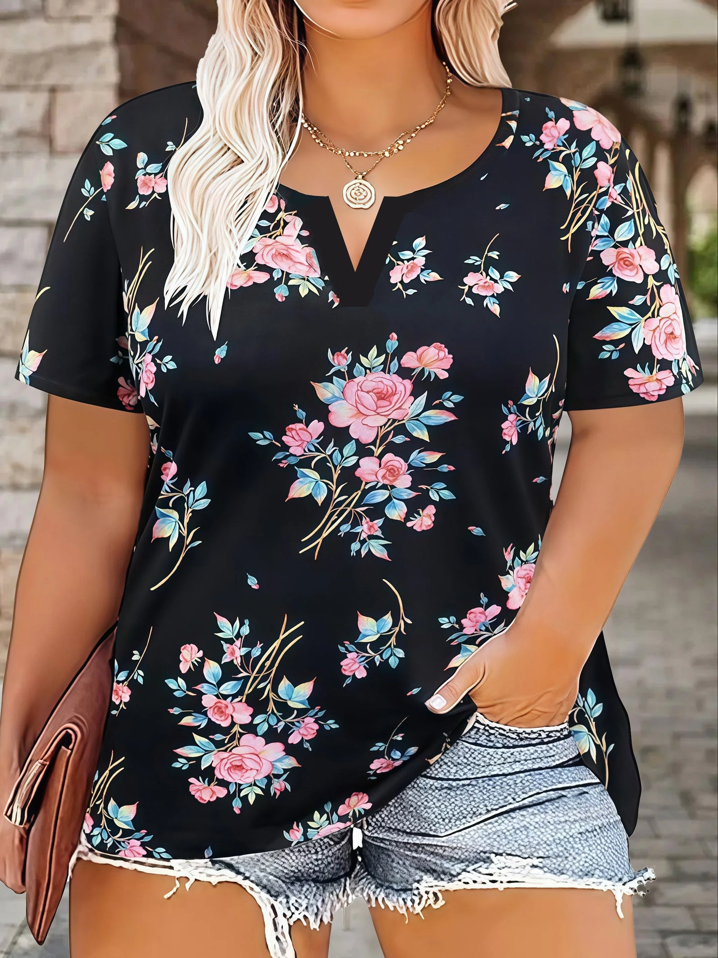 Camiseta feminina casual plus size com estampa floral de leopardo e manga curta |   Top de verão grande