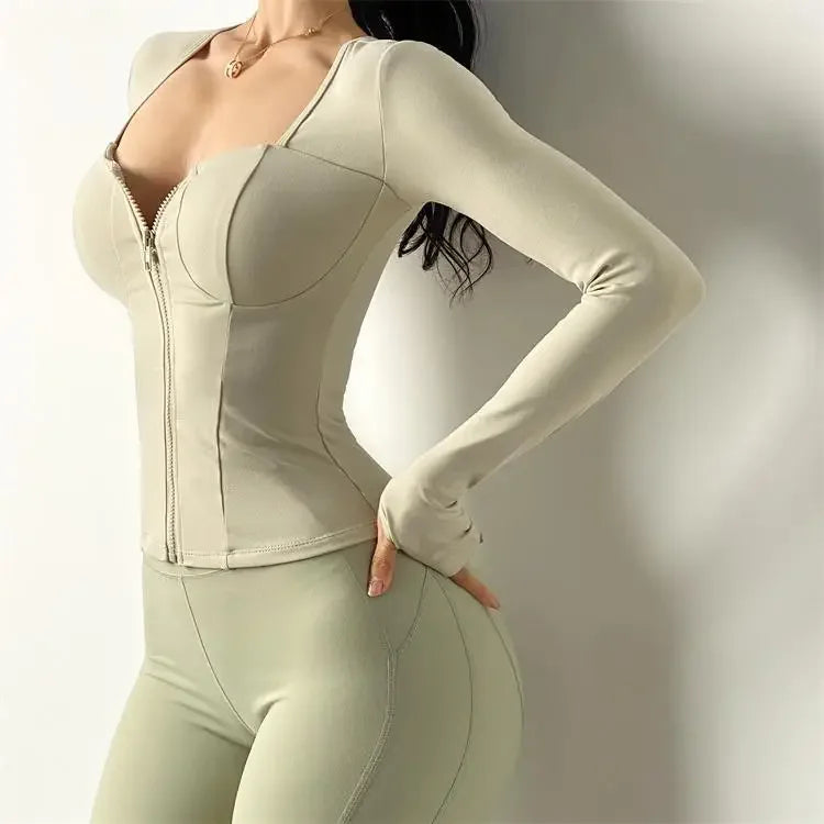 Sexy Slim Fit Long Sleeve Sports Jacket With Chest Pad Women's Yoga Running Fitness Top For Autumn Nike Airbag Training Shoes