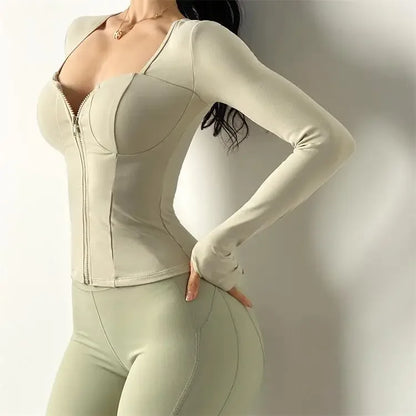 Sexy Slim Fit Long Sleeve Sports Jacket With Chest Pad Women's Yoga Running Fitness Top For Autumn Nike Airbag Training Shoes