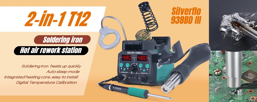 Silverflo 8586D Soldering Station 2 IN 1 Hot Air  Solder Station with 2 Digital display,10-Minute Sleep Mode for SMD Rework