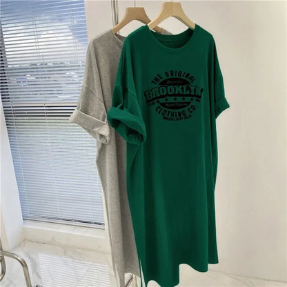 Plus Size Feminino Verão Estilo Coreano Solto-Fit Manga Curta Impressão T-Vestido Casual Vestido Longo Comprimento Médio Fenda Lateral Slimm...