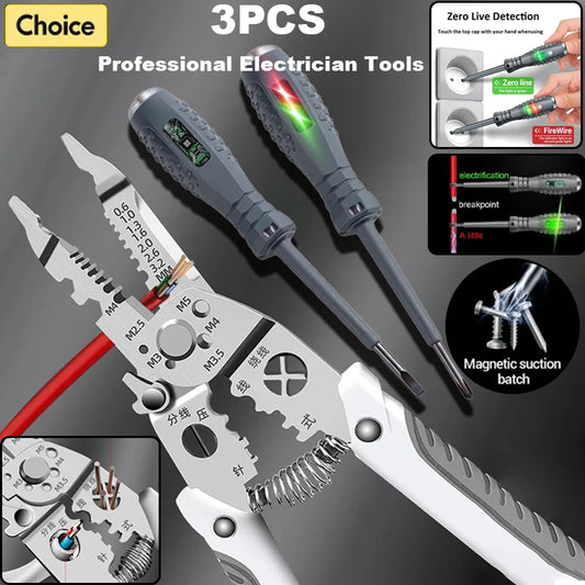 3pcs Professional Electricians Hand Tools Cable Stripping Pliers Multifunction Electrician Screwdriver Wireman Maintenance Tool