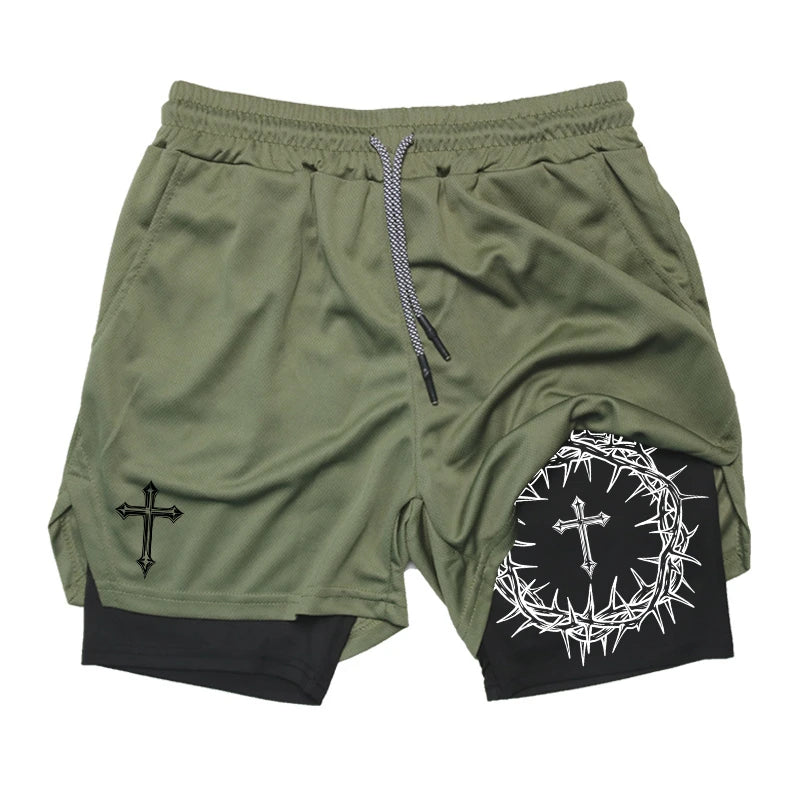 Cross Print 2 in 1 Workout Running Shorts for Men Christian Gym Performance Shorts with Phone Pocket Towel Loop Athletic Outfits