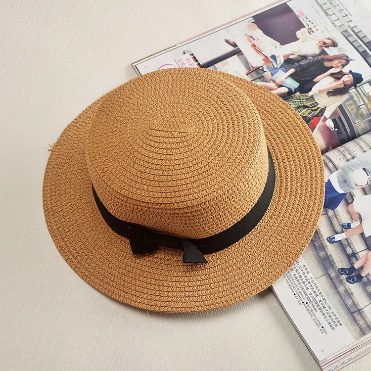 COKPanama Simple Summer Beach Sun Protection Bowknot French-Style Small Hat, Women's Casual Flat-Brimmed Straw Hat with Bow