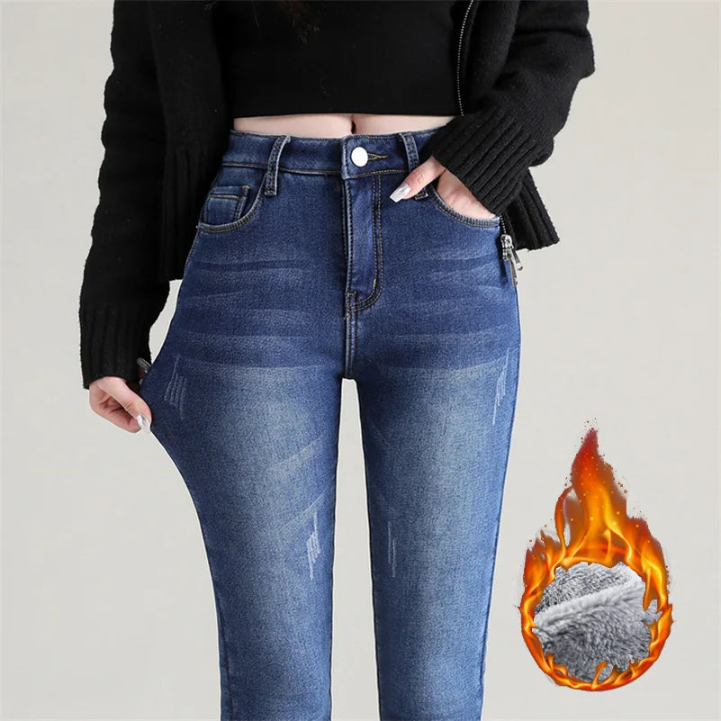 Women's Thermal Jeans Winter Snow Warm Plush Stretch Jeans Lady Skinny Thick Fleece Denim Long Pants Retro Blue Pencil Trousers