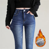 Women's Thermal Jeans Winter Snow Warm Plush Stretch Jeans Lady Skinny Thick Fleece Denim Long Pants Retro Blue Pencil Trousers