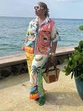 Printed Color Blocked Pant Set for Women, Single Breasted Short Sleeved Shirt and Wide Leg Pants, 2 Piece Set, Lady Casual Suit
