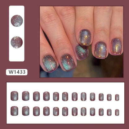 24Pcs/Box Aurora False Nail Detachable Short Round Fake Nails for DIY for Salon French Nail Tips Full Cover Press On Nails