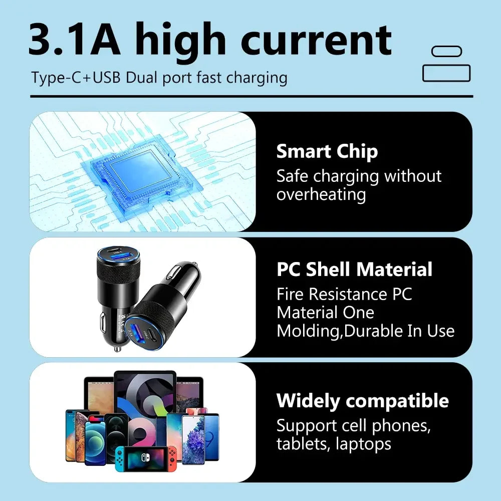 Olaf USB Type-C Car Phone Adapter Fast Charging, Quick Charge 3.0, 68W, PD, iPhone 13, 12, Xiaomi, Huawei, Samsung S21