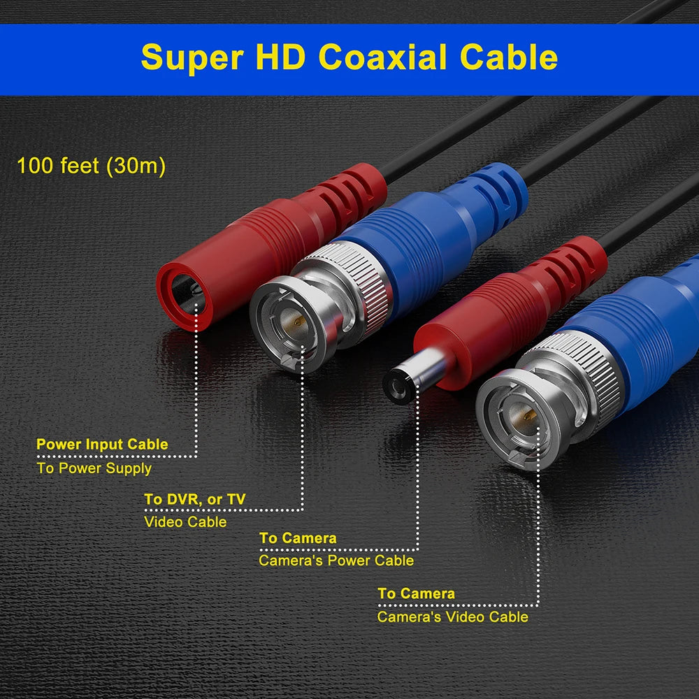 Cable de alimentación de video para cámara de seguridad SANSCO de 30 m (100 pies) con conector BNC y RCA para cámaras CCTV y DVR en sistemas de vigilancia CCTV.